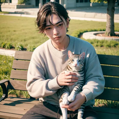 masterpiece, absurdres, high quality, realistic,
1boy, sweater, sitting, holding a cat,
outdoors, park, bench, sunlight