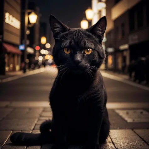 masterpiece, absurdres, high quality, realistic,
black cat looking at viewer, sad eyes,
street alley, street lights, night,
20 megapixel, detailed, movie grain
