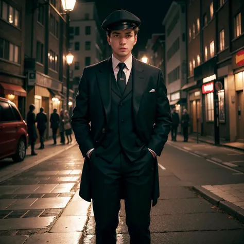 masterpiece, absurdres, high quality, realistic,
1boy, European, short hair, standing, looking at viewer, three-piece suit, oxford laced boots, newsboy cap, collar shirt, heavy overcoat,
street alley, street lights, night,
20 megapixel, detailed, movie grain
