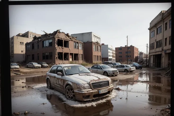 masterpiece, absurdres, high quality, realistic, muddy colors, vintage photograph,
abandoned city, outdoors, crumbling buildings, broken glass, broken doors, car parts, broken vehicles, natural disaster, mud,
20 megapixel, detailed, movie grain