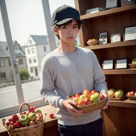 masterpiece, absurdres, high quality, realistic,
1boy, sweater, pants, (muscular:0.5), looking at viewer, short hair, baseball cap,
food, fruit, shop, indoors, shopping, basket, shelf, dutch angle