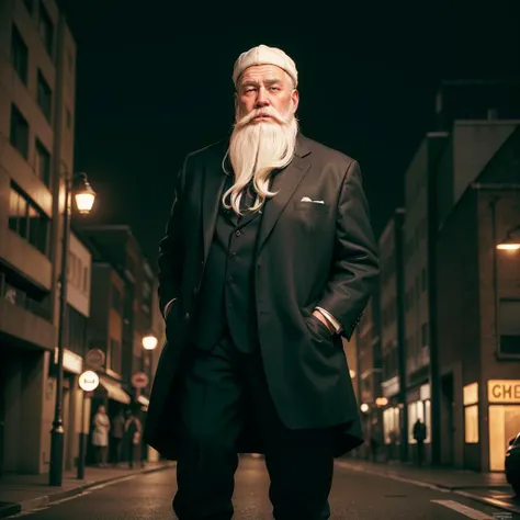 masterpiece, absurdres, high quality, realistic,
Santa Clause, long white beard, white hair, old man, (newsboy cap:1.2), mafia, standing, looking at viewer, three-piece suit, oxford laced boots, collar shirt, heavy overcoat, cold stare,
street alley, street lights, night,
20 megapixel, detailed, movie grain