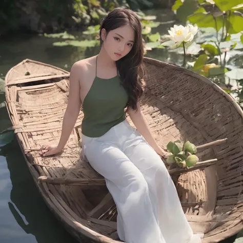 (Ultra detailed:1.3) (((hyperrealistic))) color professional (full length body portrait:1.4) ((Vietnamese girl)) photo of (((((1girl)))(18 yo, short black wavy hair))), ((extremely detailed skin), (detailed face:1.2), ((hyperrealistic on human facial skin detailed texture(taut, ags under the eyes, ((expression lines)), ((nasolabial folds)), ((contour)), luster, pores, supple skin pores)))), ((detailed full lips)), ((hyperrealist high detailed hair)), wearing (((hyperrealistic detailed (green<lora:AoYem_V5_10rp_40ep_1e-6-000030:0.8:OUTD>)))) made by brocade silk fabric, wearing (white (long pants)), wearing high heels on foot, (realistic, detailed eyes, attractive nature sexy educative shaded pose), alluring eyes, (small breasts:1.1), (looking at viewer:1.331), (sit in the wood boat on the lotus flower river), (hyperrealistic lotus flower river background), ((visible pores:0.3)), ((high detailed skin:0.9)), intricate detail, imperceptible detail, artesian, masterpiece, DSLR, DLSR, photographed on a Sony Alpha 1 Camera, Zeiss 35mm lens, F/8 aperture, RAW photo ((ultra-detailed)), wide angle, (((full body))), sharp outline, (((sharp focus on face))), (depth of field), POV, 8K, UHD, diffused soft light, soft lighting, lens flare, natural warm lighting, light from above, (strong front main lighting), halo, crystal clear, high res, photorealistic, depth layering, physically-based rendering, solo