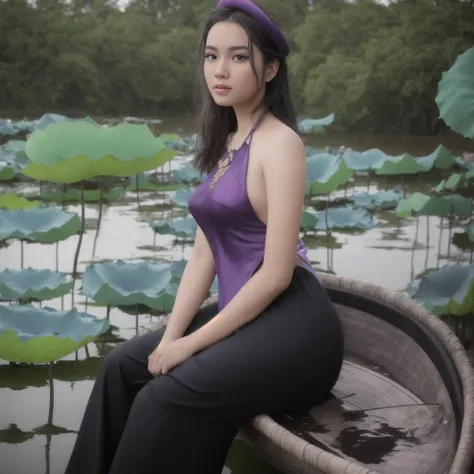 (((solo))) (Ultra detailed:1.3) (((hyperrealistic))) color professional (full length body portrait:1.4) (((1 girl))) photo of (((Vietnamese 18 yo, short black wavy hair))), ((extremely detailed skin), (detailed face:1.2), ((hyperrealistic on human facial skin detailed texture(taut, ags under the eyes, ((expression lines)), ((nasolabial folds)), ((contour)), luster, pores, supple skin pores)))), ((detailed full lips)), ((hyperrealist high detailed hair)), ((hyperrealistic detailed wearing ((charcoal purple aoyem<lora:AoYem_V10_4rp_9ep_1e-4:1.7:OUTD>)))) made by brocade silk fabric, wearing (white (long pants)) made by brocade silk fabric, wearing high heels on foot, (realistic, detailed eyes, attractive nature sexy educative shaded pose), alluring eyes, (small breasts:1.1), (looking at viewer:1.331), (sit in the wood boat on the lotus flower river), (hyperrealistic lotus flower river background), ((visible pores:0.3)), ((high detailed skin:0.9)), intense, modelshoot style, intricate detail, imperceptible detail, artesian, masterpiece, DSLR, DLSR, photo shots of the most beautiful artwork in the world, photographed on a Sony Alpha 1 Camera, Zeiss 35mm lens, F/8 aperture, RAW photo ((ultra-detailed)), RAW color, wide angle, sharp outline, (((sharp focus on face))), (depth of field), POV, 8K, UHD, diffused soft light, soft lighting, lens flare, natural warm lighting, light from above, (strong front main lighting), halo, crystal clear, high res, photorealistic, depth layering, physically-based rendering