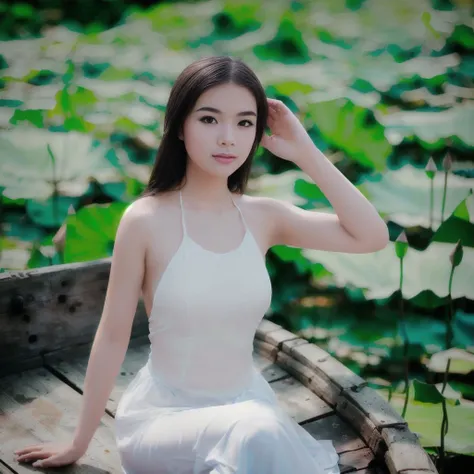 (Ultra detailed:1.3) (((hyperrealistic))) color professional (full length body portrait:1.4) ((Vietnamese girl)) photo of (((((1girl)))(18 yo, short black wavy hair))), ((extremely detailed skin), (detailed face:1.2), ((hyperrealistic on human facial skin detailed texture(taut, ags under the eyes, ((expression lines)), ((nasolabial folds)), ((contour)), luster, pores, supple skin pores)))), ((detailed full lips)), ((high detailed skin)), ((hyperrealist high detailed hair)), wearing (((hyperrealistic detailed (green <lora:AoYem_V5_10rp_40ep_1e-6-000030:0.8:OUTALL>)))) made by brocade silk fabric, wearing (white (long pants)), wearing high heels on foot, holding paper fan on hand, (realistic, detailed eyes, attractive nature sexy educative shaded pose), alluring eyes, (small breasts:1.1), (looking at viewer:1.331), (sit in the wood boat on the lotus flower river), (hyperrealistic lotus flower river background), (visible pores:0.3), (high detailed skin:0.9), intricate detail, imperceptible detail, artesian, masterpiece, DSLR, DLSR, photographed on a Sony Alpha 1 Camera, Zeiss 35mm lens, F/8 aperture, RAW photo ((ultra-detailed)), dynamic angle, wide angle, sharp outline, (((sharp focus on face))), (depth of field), POV, 8K, UHD, diffused soft light, soft lighting, lens flare, natural warm lighting, light from above, (strong front main lighting), halo, crystal clear, fashion photography award-winner, high res, photorealistic, depth layering, physically-based rendering, solo