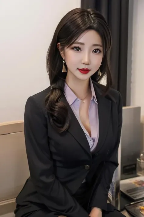 a 19 year old face of the most beautiful actress in the world, the perfect body proportions of a female, blazer is worn on upper body of a female with formal shirt, the area of female vagina in panties under short skirt are clearly seen thanks to bare legs are opened, sitting on a chair and opening bare legs of a female, formal shirt is covering large breasts of a female with blazer, nsfw, best quality, highly detailed, masterpiece, ultra high res, photo realistic, 8k, one female