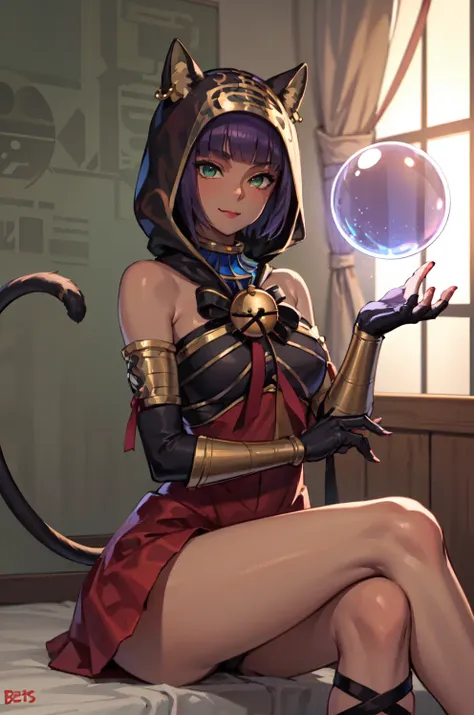 Masterpiece, best quality, absurdres, 1girl, sitting, crossed legs, menat_holiday, crystal ball, light smile, dark skin, Green eyes, egyptian, bob cut, red dress, black hood, black gloves, tail, bell, bare shoulders, bedroom,<lora:menat:1>