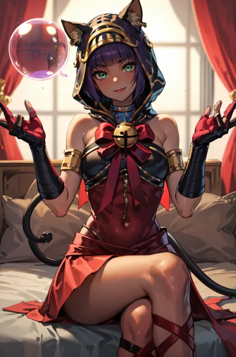 Masterpiece, best quality, absurdres, 1girl, sitting, crossed legs, menat_holiday, crystal ball, light smile, dark skin, Green eyes, egyptian, bob cut, red dress, black hood, black gloves, tail, bell, bare shoulders, , bedroom, <lora:menat:1>