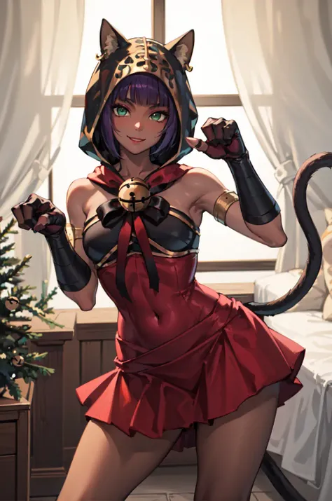 Masterpiece, best quality, absurdres, 1girl, contrapposto, paw pose, menat_holiday, light smile, dark skin, Green eyes, egyptian, bob cut, red dress, black hood, black gloves, tail, bell, bare shoulders, bedroom, <lora:menat:1>