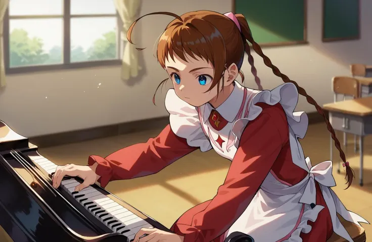 score_9, score_8_up, score_7_up, perfect hands, 
<lora:ArikaPony1.0:0.85>, arikayumemiya, brown hair, braid, blue eyes, twin braids, ahoge, long sleeves, red dress, maid,
1girl, solo, sitting, play the instrument, concentrated,
indoors, music classroom, grand piano, musical score,