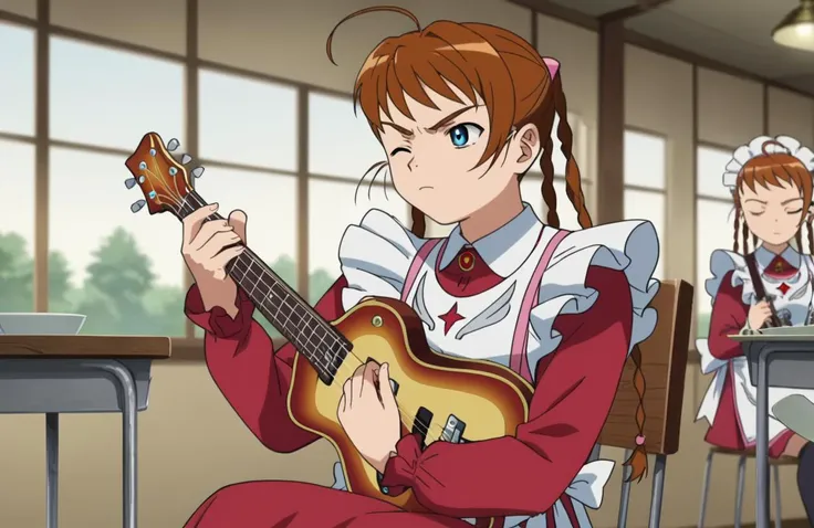 score_9, score_8_up, score_7_up, perfect hands, source_anime, screencap,
<lora:ArikaPony1.0:0.8> arikayumemiya, brown hair, braid, blue eyes, twin braids, ahoge, long sleeves, red dress, maid,
1girl, solo, sitting, holding, guitar, riff, closed eyes, serious,
indoors, school, hall, chairs, public,