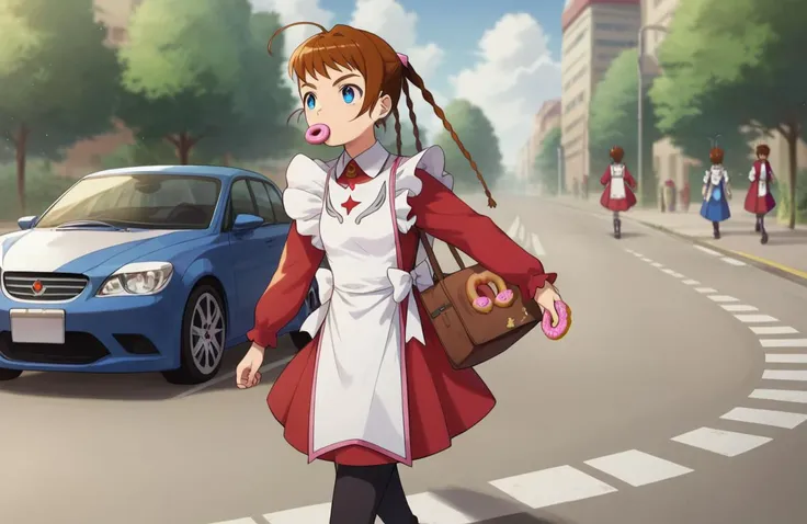 score_9, score_8_up, score_7_up, perfect hands, 
<lora:ArikaPony1.0:0.85>, arikayumemiya, brown hair, braid, blue eyes, twin braids, ahoge, long sleeves, red dress, maid,
1girl, solo focus, walking, holding one donut in one hand, bag of paper with donuts in the other arm, eating,
outdoors, street, road, car,