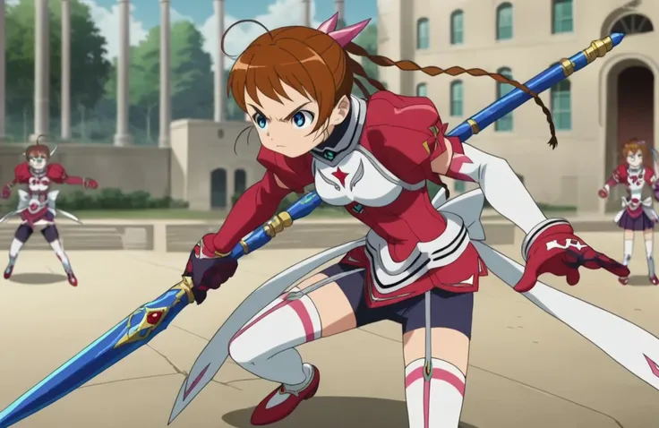 score_9, score_8_up, score_7_up, perfect hands, source_anime, screencap, detailed eyes,
<lora:ArikaPony1.0:0.9> arikayumemiya, red battle armor, blue eyes, thighhighs, braid, brown hair, ahoge, gloves, white thighhighs, elbow gloves,
1girl, solo focus, battle stance, holding, weapon, one hand,
outdoors, school, entrance, duel,