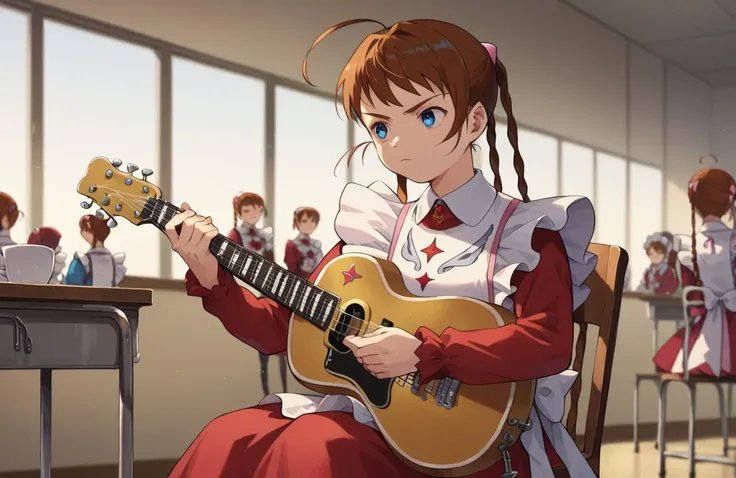 score_9, score_8_up, score_7_up, perfect hands,
<lora:ArikaPony1.0:0.8> arikayumemiya, brown hair, braid, blue eyes, twin braids, ahoge, long sleeves, red dress, maid,
1girl, solo, sitting, holding, guitar, riff, closed eyes, serious,
indoors, school, hall, chairs, public,