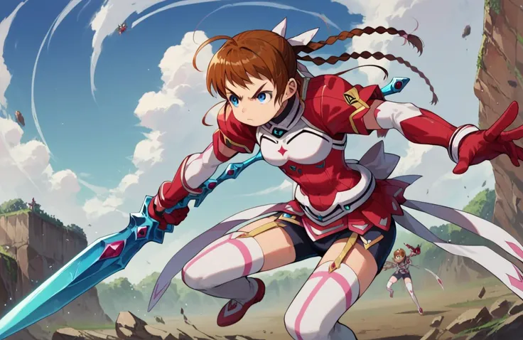 score_9, score_8_up, score_7_up, perfect hands,
<lora:ArikaPony1.0:0.8> arikayumemiya, red battle armor, blue eyes, thighhighs, braid, brown hair, ahoge, gloves, white thighhighs, elbow gloves,
1girl, solo focus, battle stance, holding, weapon, one hand,
outdoors, school, entrance, duel,