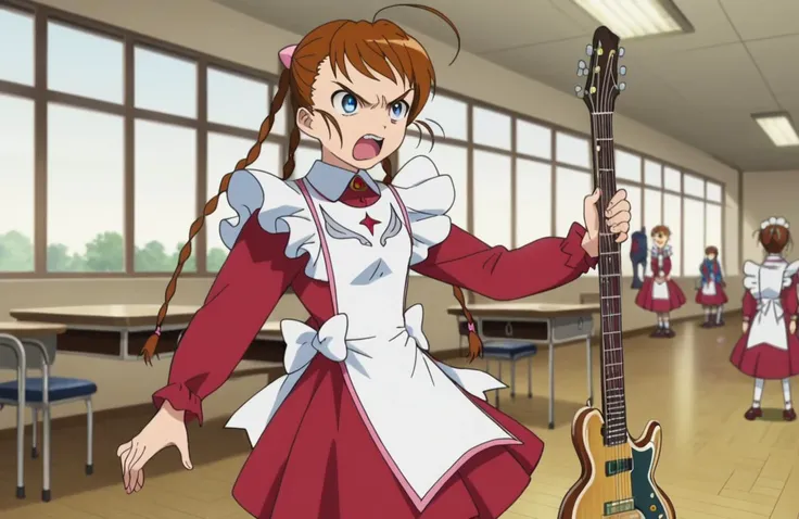 score_9, score_8_up, score_7_up, perfect hands, source_anime, screencap,
<lora:ArikaPony1.0:0.8> arikayumemiya, brown hair, braid, blue eyes, twin braids, ahoge, long sleeves, red dress, maid,
1girl, solo, standing, bend over, holding, guitar, hit the floor, angry,
indoors, school, hall, chairs, public,