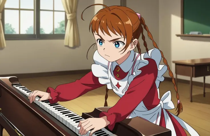 score_9, score_8_up, score_7_up, perfect hands, source_anime, screencap,
<lora:ArikaPony1.0:0.85>, arikayumemiya, brown hair, braid, blue eyes, twin braids, ahoge, long sleeves, red dress, maid,
1girl, solo, sitting, play the instrument, concentrated,
indoors, music classroom, grand piano, musical score,