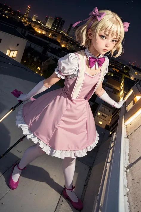 a girl on a rooftop, holding staff, <lora:Magical__Girl:0.6> magicalgirl, short hair, blonde hair, hair bow, dress, bowtie, elbow gloves, from above, full body, night time, looking away, from side, (dutch angle:1.1),