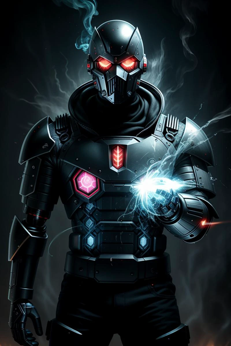 a profesional picture of 1man Vox, the Cybernetic Overlord was a hulking figure, his body a fusion of organic tissue and cold, hard metal. His skin was a patchwork of synthetic flesh and gleaming prosthetics, his left side almost entirely robotic. His eyes were a startling, artificial blue, with slits for pupils that could scan and analyze his surroundings with terrifying efficiency. His cybernetic enhancements were not only cosmetic; they granted him superhuman strength and resilience. He wore a form-fitting, black and silver exoskeleton that hugged his muscled frame, with glowing lines that pulsed with energy. His right hand ended in a powerful, metal claw, while his left was a cybernetic marvel, capable of manipulating advanced technology with a mere thought. BREAK, realistic, perfect quality, best quality, ultrasharp, ultradetailed, perfect quality, masterpiece, intricated details, <lora:add_detail:0.4>, punk, <hypernet:sxzBloom_sxzBloom:0.3>, AS-YoungerV2 < <lora:splashes_v.1.1:0.5> Splash, splashes, splashing, explosion, exploding <lora:Smoke:0.3> smoke, smokkk, colorfull cyan, hotify, vivid colors