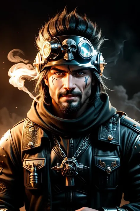 a profesional picture of 1man Fang, the Skull-Faced Bounty Hunter was a grizzled bounty hunter with a reputation for getting the job done, no matter the cost. His face was a patchwork of scars, with a prominent scar running down his right cheek, etching a permanent grimace onto his features. His eyes were a piercing yellow, and his hair was shaved close to his head, except for a long, raven lock that fell over his left eye. He wore a skull-emblazoned helmet that added to his fearsome appearance, and his armor was a mix of dented and scorched plates, a testament to the many battles he'd survived. A bionic armored gauntlet clamped around his left arm, enhancing his already formidable strength. His preferred weapons were a pair of custom-made, laser-etched revolvers, each one with a skull motif that matched his own gruesome visage. BREAK, realistic, perfect quality, best quality, ultrasharp, ultradetailed, perfect quality, masterpiece, intricated details, <lora:add_detail:0.4>, punk, <hypernet:sxzBloom_sxzBloom:0.3>, AS-YoungerV2 < <lora:splashes_v.1.1:0.5> Splash, splashes, splashing, explosion, exploding <lora:Smoke:0.3> smoke, smokkk, colorfull cyan, hotify, vivid colors