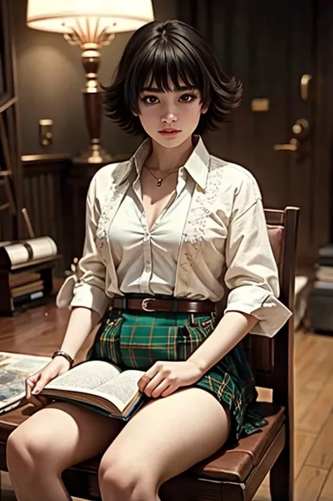 an awarded profesional photography of aesthetic beauty, (((extremely detailed))), perfectly harmonic, vivid colors, masterpiece,  1girl  <lora:dmc3_lady:0.8> dmc3lady, scar, shirt, plaid skirt, necklace, pouch beautiful ,anxious , she make  Sitting on a chair with one hand on the knee and the other hand holding a book or a pencil, with a thoughtful and serious expression on the face. pentacle  in a A vibrant urban music and arts festival, featuring live music performances, art exhibitions, and creative workshops 
,  by Josef Koudelka Top Lighting,(epic scene:1.3),ultradetialed character with perfect face,detailed skin,(ultrasharp:1.3),(masterpiece:1.1),best quality ,(photorealistic:1.2),ultrarealistic,realistic ultradetailed character,4k perfect quality,cowboy shot<lyco:GoodHands-beta2:1>Magnificent,Imperceptible detail,Intricately designed, <hypernet:sxzBloom_sxzBloom:0.6> hotify   <lora:royta v1.1:0.4> royta <lora:add_sharpness:0.63>