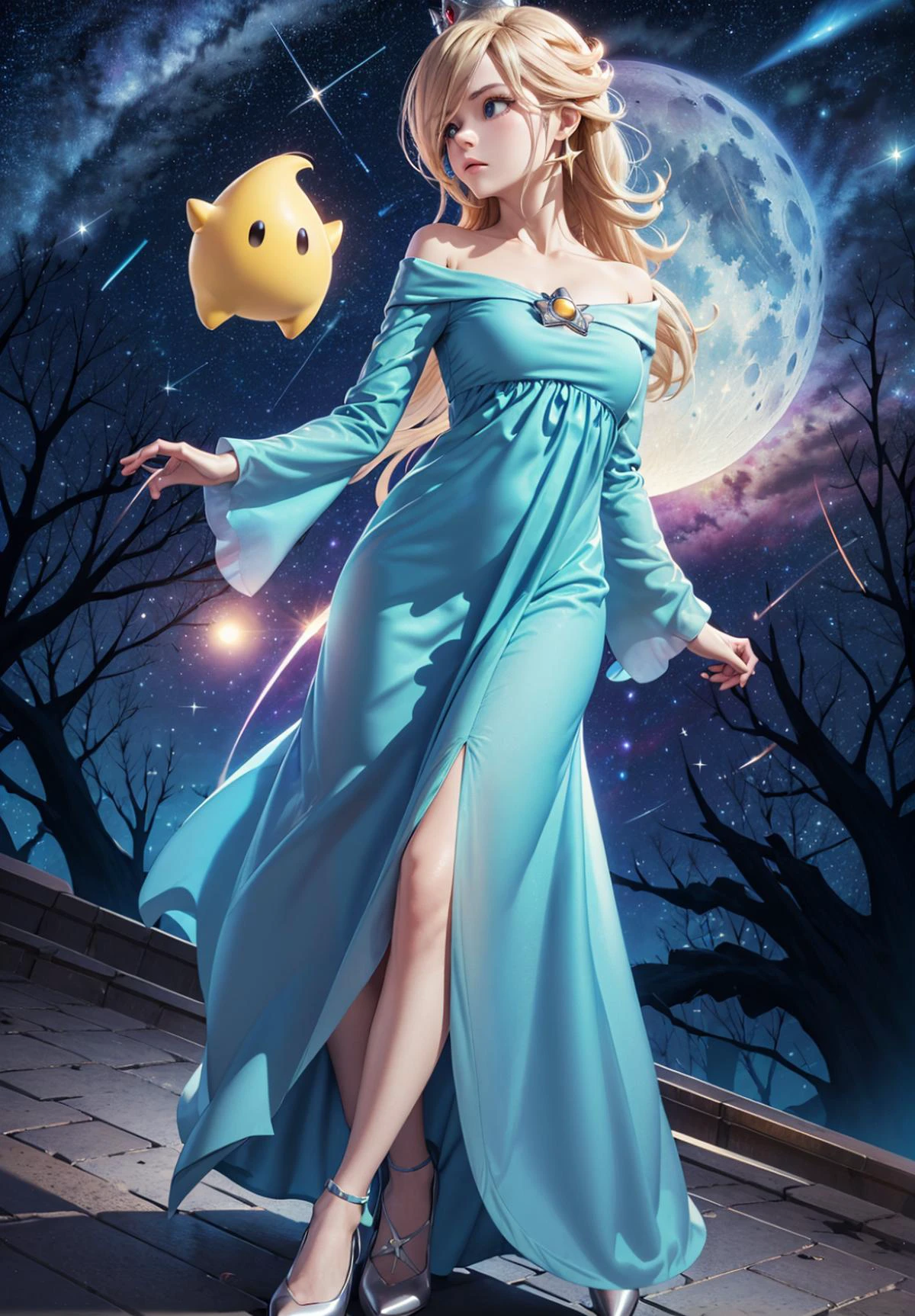 a girl,moon, starry sky, galaxy, abissm, deep dark, looking to the side, <lora:RosalinaV3:.9>,IncrsRsln, hair over one eye, RslnDef, crown, bare shoulders, off-shoulder dress, long sleeves, blue dress, long dress, aqua dress