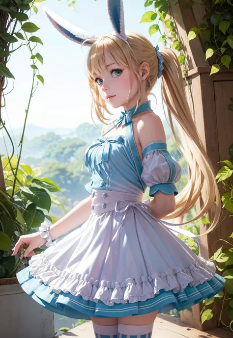 from side, forest, a girl <lora:ArtoriaCasterSwimsuitSecondAscension:.7> dress, frills, twintails, ahoge, rabbit ears, striped, thighhighs, mismatched legwear, short sleeves, detached sleeves, puffy sleeves, apron, bow, wrist cuffs, white footwear, looking at viewer,