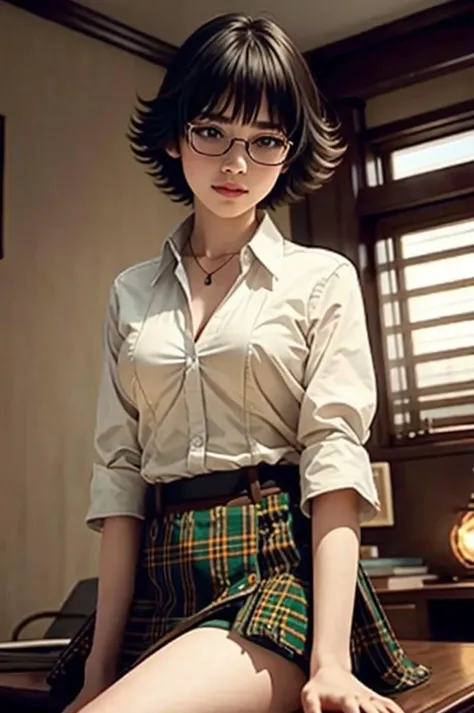 an awarded profesional photography of aesthetic beauty, (((extremely detailed))), perfectly harmonic, vivid colors, masterpiece,  1girl  <lora:dmc3_lady:0.8> dmc3lady, scar, shirt, plaid skirt, necklace, pouch beautiful ,shy , she make  Sitting on a chair with one hand on the knee and the other hand holding a phone or a tablet, with a relaxed and confident expression on the face. aiguillette  in a A golden wheat field at sunset 
,  Anthony Million  Automotive Lighting,(epic scene:1.3),ultradetialed character with perfect face,detailed skin,(ultrasharp:1.3),(masterpiece:1.1),best quality ,(photorealistic:1.2),ultrarealistic,realistic ultradetailed character,4k perfect quality,character focus,<lyco:GoodHands-beta2:1>Magnificent,Imperceptible detail,Intricately designed, <hypernet:sxzBloom_sxzBloom:0.6> hotify   <lora:royta v1.1:0.4> royta <lora:add_sharpness:0.63>