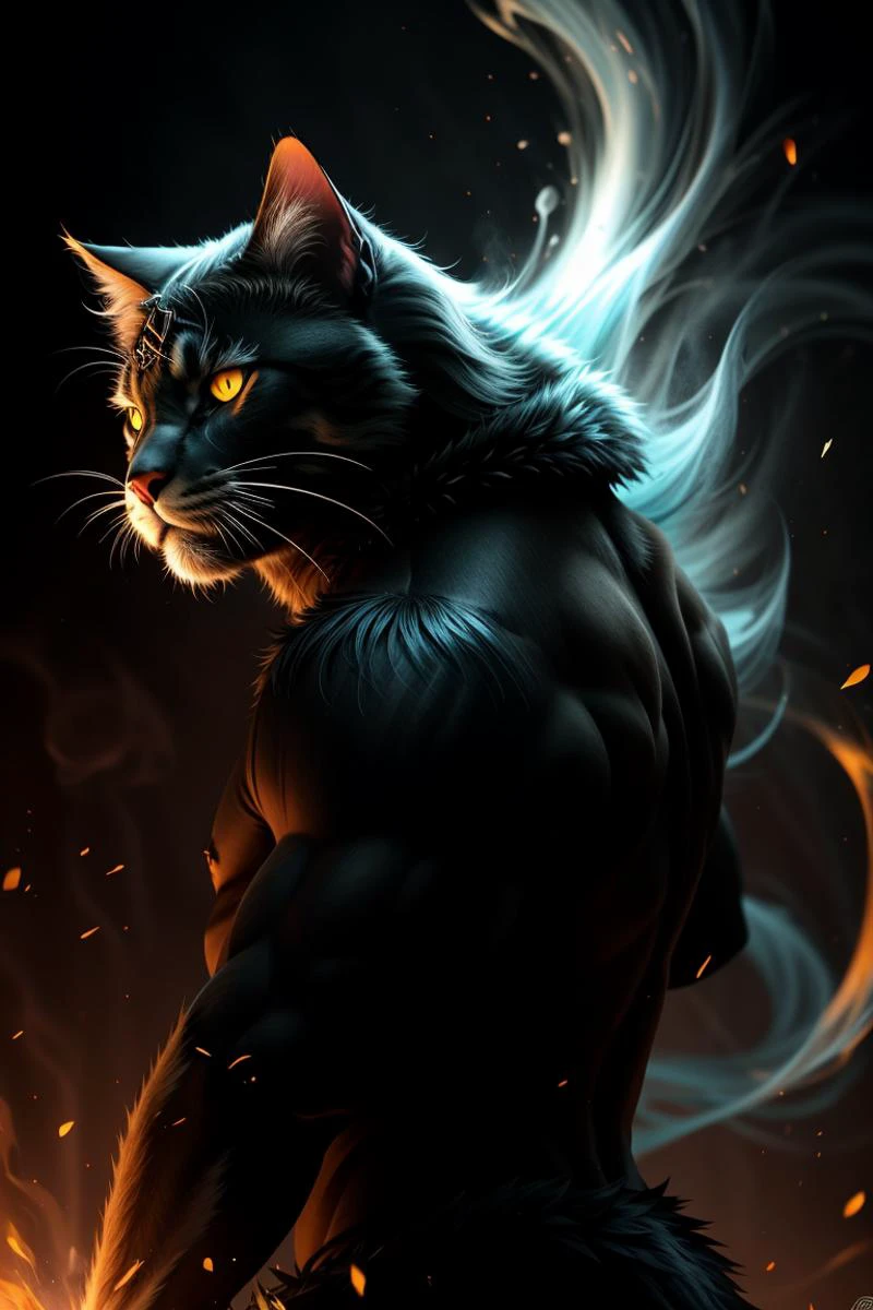 a profesional picture of 1man Zendar, the Feline Furry was a member of an advanced feline-humanoid race, with a lithe, athletic build and feline features that set him apart from the humans he often found himself among. His fur was a sleek, obsidian black, with flecks of silver that caught the light. His eyes were a piercing amber, and his ears were pointed and tufted, able to pick up on the slightest sound. His tail was long and furry, a constant reminder of his feline heritage. He wore a form-fitting, armored catsuit that hugged his muscular frame and provided protection without hindering his agility. Zendar's movements were graceful and predatory, and his presence exuded a wild, untamed energy that was both intimidating and alluring BREAK, realistic, perfect quality, best quality, ultrasharp, ultradetailed, perfect quality, masterpiece, intricated details, <lora:add_detail:0.4>, punk, <hypernet:sxzBloom_sxzBloom:0.3>, AS-YoungerV2 < <lora:splashes_v.1.1:0.5> Splash, splashes, splashing, explosion, exploding <lora:Smoke:0.3> smoke, smokkk, colorfull cyan, hotify, vivid colors