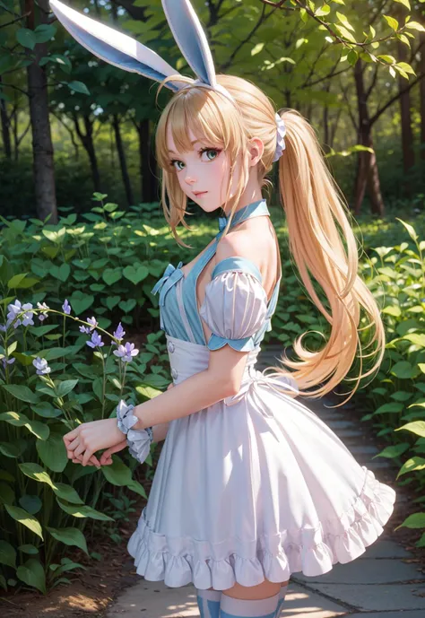 from side, forest, a girl <lora:ArtoriaCasterSwimsuitSecondAscension:.7> dress, frills, twintails, ahoge, rabbit ears, striped, thighhighs, mismatched legwear, short sleeves, detached sleeves, puffy sleeves, apron, bow, wrist cuffs, white footwear, looking at viewer,