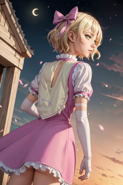 a girl in the magic dark kingdom ,magic circle, spellcaster <lora:Magical__Girl:0.7> magicalgirl, short hair, blonde hair, hair bow,pink dress, , elbow gloves, green eyes, night time, looking away, against the wind,(dutch angle:1.1), from back