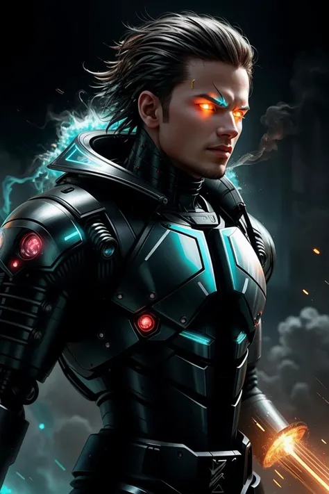 a profesional picture of 1man Vox, the Cybernetic Overlord was a hulking figure, his body a fusion of organic tissue and cold, hard metal. His skin was a patchwork of synthetic flesh and gleaming prosthetics, his left side almost entirely robotic. His eyes were a startling, artificial blue, with slits for pupils that could scan and analyze his surroundings with terrifying efficiency. His cybernetic enhancements were not only cosmetic; they granted him superhuman strength and resilience. He wore a form-fitting, black and silver exoskeleton that hugged his muscled frame, with glowing lines that pulsed with energy. His right hand ended in a powerful, metal claw, while his left was a cybernetic marvel, capable of manipulating advanced technology with a mere thought. BREAK, realistic, perfect quality, best quality, ultrasharp, ultradetailed, perfect quality, masterpiece, intricated details, <lora:add_detail:0.4>, punk, <hypernet:sxzBloom_sxzBloom:0.3>, AS-YoungerV2 < <lora:splashes_v.1.1:0.5> Splash, splashes, splashing, explosion, exploding <lora:Smoke:0.3> smoke, smokkk, colorfull cyan, hotify, vivid colors
