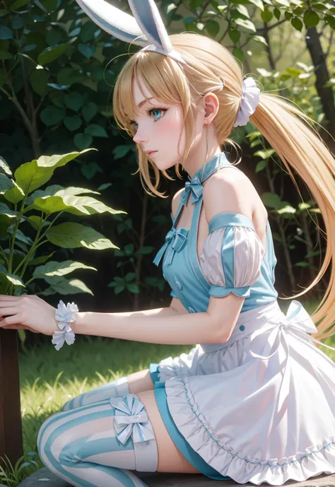 from side, forest, a girl <lora:ArtoriaCasterSwimsuitSecondAscension:.7> dress, frills, twintails, ahoge, rabbit ears, striped, thighhighs, mismatched legwear, short sleeves, detached sleeves, puffy sleeves, apron, bow, wrist cuffs, white footwear,