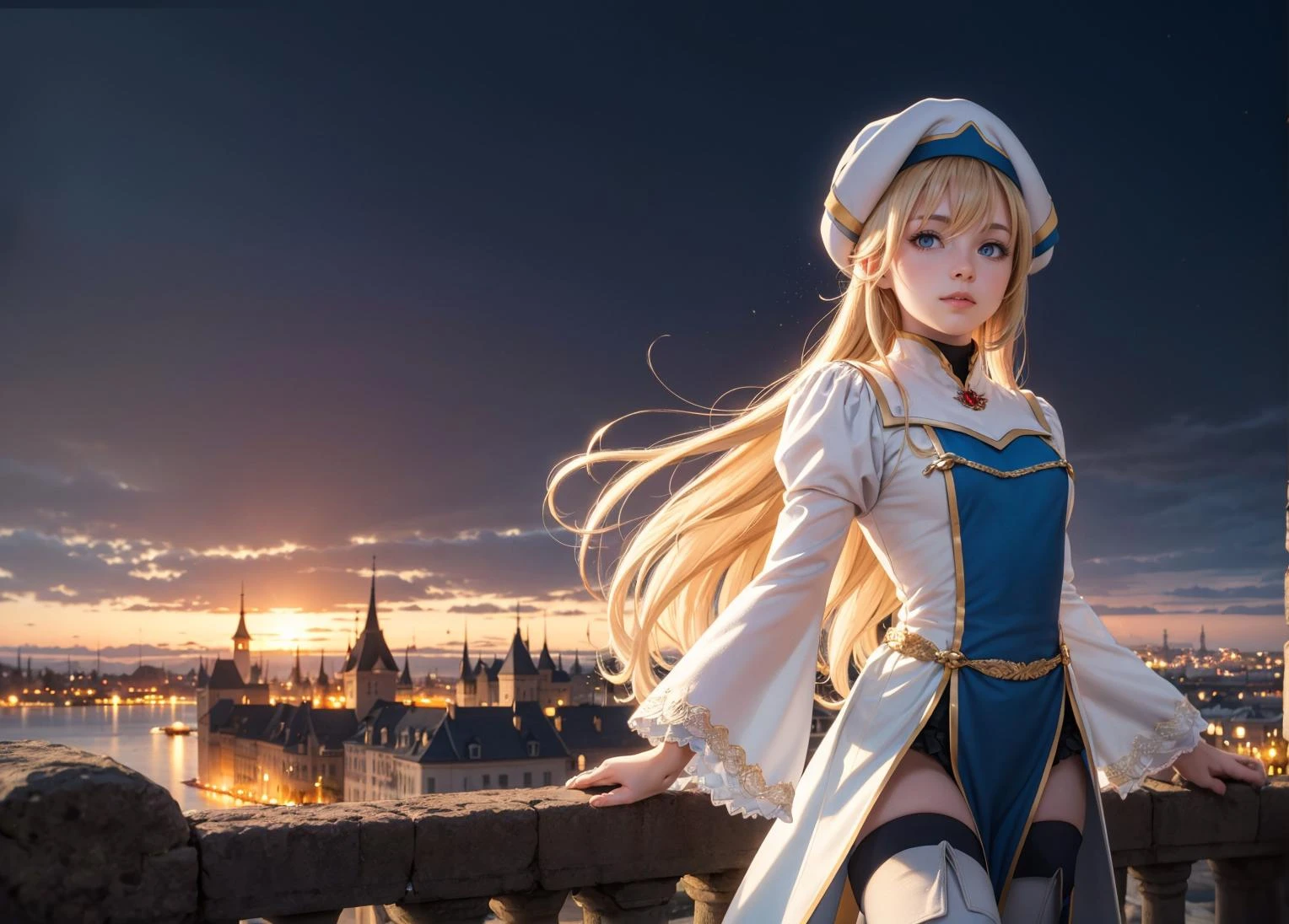 photograph landscape with Complementary Colors,a pretty woman in A dark, foreboding castle where a wicked queen reigns, lookin at side, <lora:onna_shinkan:0.8> onna_shinkan, long hair, hat, long sleeves, dress, white headwear, thighhighs, very long hair, thigh boots, wide sleeves, white thighhighs, hair between eyes, full body, standing, epiCPhoto