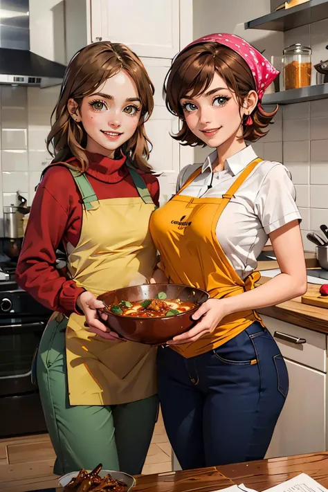 2 women standing in a cozy kitchen, holding a bowl of chili, looking at viewer, extreme detail, masterpiece,
cookingmama, white shirt, yellow apron,jeans, looking happy, smiling,  <lora:CookingMama:.8>