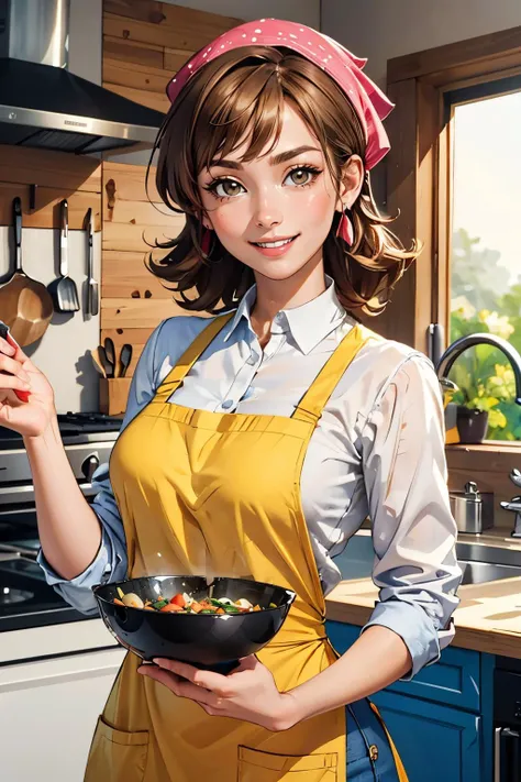 cookingmama, white shirt, yellow apron,jeans, looking at viewer, smiling, interior of a homely kitchen, holding a bowl of chopped vegetables, extreme detail, masterpiece, <lora:CookingMama:.8>