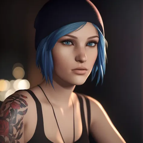 Best_QualityPos, RAW photo, intricate details, best quality, 8k uhd, soft lighting, 1girl, solo, chloe price, blue hair, blue eyes, arm tattoo, short hair, hat, white tank top <lora:Chloe_Price:0.6>