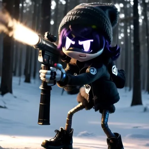 (8k uhd, masterpiece, best quality, high quality, ) worker drone, Uzi, angry, open mouth,cross laced boots, purple eyes, beanie, android, mechanical arms, mechanical legs, glowing eyes, standing in Forrest, shooting a rifle, aiming at viewer, muzzle flash <lora:Murder-DronesV2r:0.9>