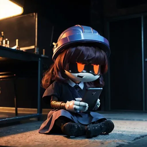 (8k uhd, masterpiece, best quality, high quality,) Doll, worker drone, mechanical arms, android, orange eyes, purple hair, long hair, blunt bangs, school uniform,  helmet, clam, sitting on floor, on the phone, looking into space, ((dark, sci-fi background, metal, underground, blue lighting )) <lora:Murder-DronesV2r:1>