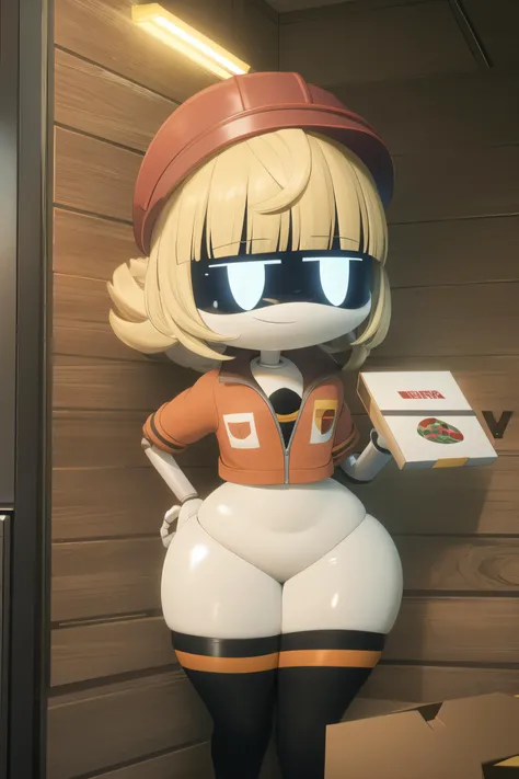 3d, cg, 1girl, solo, worker drone, blue eyes, glowing eyes, hollow eyes, robot, doll joints, robot parts, blonde hair, very short hime cut, blunt bangs, <lora:Murder-DronesV2r:0.9>, cowboy shot, flat chest, (wide hips, thick thighs, bottomheavy:1.3), bottomless, no panties, groin, orange baseball cap, orange print cropped jacket, (black thighhighs), smile, closed mouth, abandoned mall, night, overcast, delivering pizza, holding a pizza box with both hands, <lora:hyperfusion_550k_128dim-LoCon_extracted-v7:0.8>, <lora:m99_bellybuttonremover_1:0.8>, <lora:m99_featureless_crotch_1:0.8>, <lora:add_detail:-0.25>, <lora:noline:-0.25>,