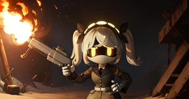 (8k uhd, masterpiece, best quality, high quality, ) upper body, hands behind back, murder drone, J, android, white hair, twin tails, yellow eyes, doll joints, glowing eyes, military uniform, standing looking at the viewer with a sad, standing, sad, hunched over, hollow eyes, bunker, explosion style, something behind her is blowing up, wielding a m1 flame thrower <lora:Murder-DronesV1R:0.9> <lora:Blow It Up - (Trigger words are Explosion Artstyle) :1>