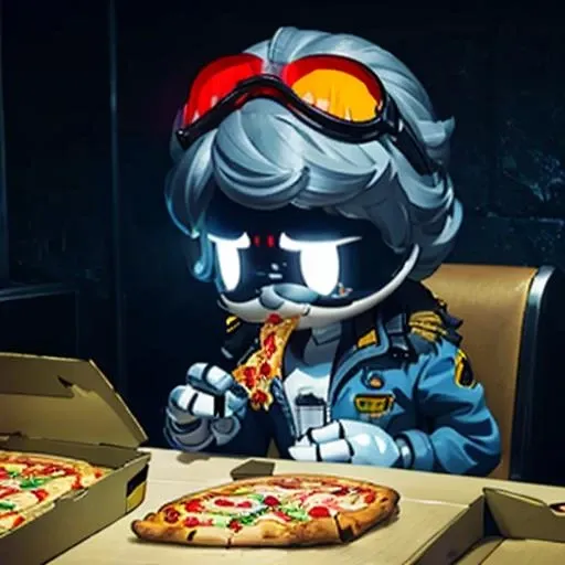 (8k uhd, masterpiece, best quality, high quality,) Khan, (worker drone), looking at the viewer, old man, android, robot, mechanical arm, helmet, glowing, white eyes, wrinkles, neutral, no hair, blue jacket, zipper, goggles, googles on head, facial hair, mustache, (eating a slice of pizza, visible pizza box) ((dark, sci-fi background, metal, underground, blue lighting )) <lora:Murder-DronesV2r:1>