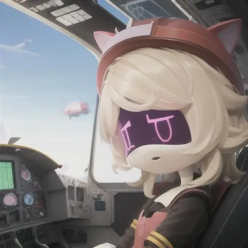 (8k uhd, masterpiece, best quality, high quality, ) camera in cockpit of plane, worker drone, Lizzy, android, dress, blonde hair, pink eyes, pink helmet, wire cat ears, in the pilot seat, driving a airplane with a bored expression, very sunny, high altitude <lora:Murder-DronesV1R:0.9>