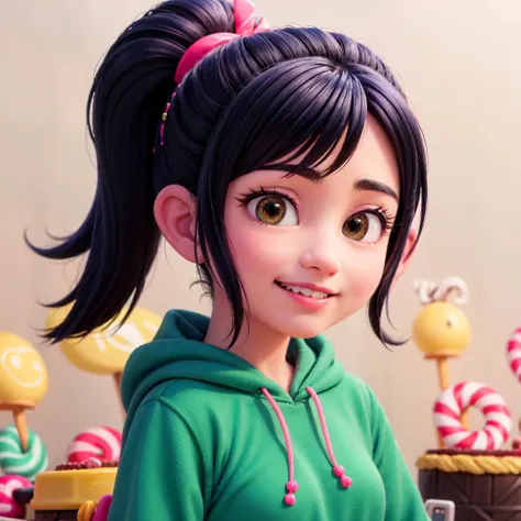 masterpiece, highres,  best quality, 8k, best quality, ultra-detailed, <lora:CHAR-Vanellope:0.6>, VanellopeVon, 1girl, solo, (mario kart:1.2), portrait, karting, drive, (candy:1.2), candy kart, candyland,  smile, happy, looking at viewer, ponytail, bow, upper body, green hoodie,