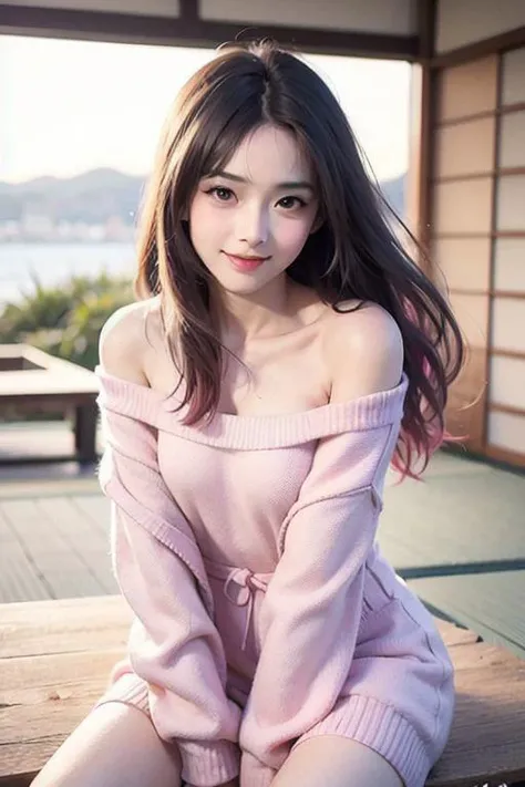 (((long hair black color,shiny hair)))
(((cute girl,pink off shoulder sweater, sheer, feminine)))
(((18yo,glossy skin,from the kneet up)))
(((seaside))),(())
(small round face:1.5),(japanese:1.5)(small breast:0.8)
Professional portrait, beautiful smile,Super slender body,
((real japanese idol cute woman,)), lound face, simple blurry background, extreme blush,
((cute small breast,normal hand, normal fingers)),
perfect light,narrow shallow depth of field, sharp focus on subject, sun softly hits her face, sharp focus, realistic, high definition,dynamic pose,
((photorealistic,1girl))mix4,