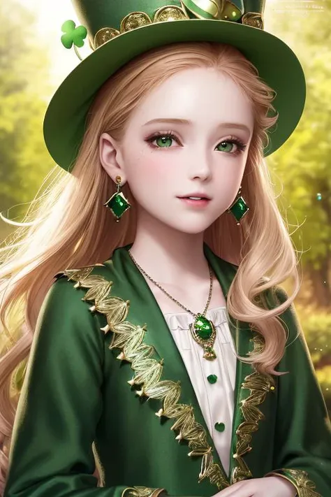 best quality,high resolution,extremely detailed CG, professional lighting,detailed face, a fairytale scene, St.Patrick's Day,1girl, 16 yo,kawaii,pale skin, dark green eyes, ginger hair, makeup, earrings, green robe, clover necklace, ireland,small green top hat,looking at viewer,sfw,smile,outdoor