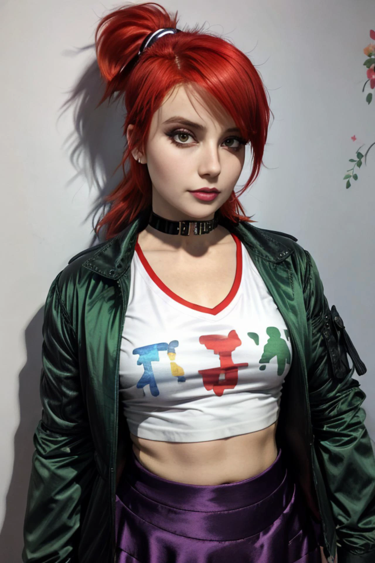 <lora:my_gf:0.6>,<lora:add_detail:0.4>,((1girl)), a beautiful young woman,((thick lady)), ((wide hips)), sexy, ((red hair)), ((open green sweater, open green hoodie)), (((sexy pose, cute, romantic))), adorable, ((masterpiece)), (ultra hd, 8k,highres), ((frankie foster)), solo(photorealism:1.3), ((ponytail)),absurdres, ((high detailed face)), thin face, <lora:frankie_foster:0.7>, ((looking at viewer)), navel, ((purple tube skirt)), ear piercing, hair ornament, hairclip, midriff, ((choker)),((black choker)),((white crop top)),jewelry, earrings, ((print shirt)), open hoodie, bangs, short hair, outdoors, ((luxury, mansion)), ((mansion facade)),tube skirt, ((tube skirt)), ((realistic eyes, real eyes))