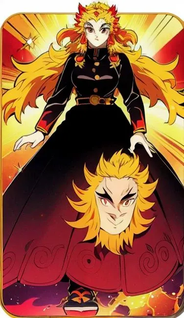 <lora:animeTarotCardArtStyleLora_v31:0.9> <lora:demonSlayer_rengokuKyoujurouV10:1> rengoku kyoujurou, tarot style, Clothes: black dress, Appearance: red and yellow hair, shoulder long hair, red and orange pupils, smile, handsome, Behavior: holding erapon, Location: sky, sun Background: gold,