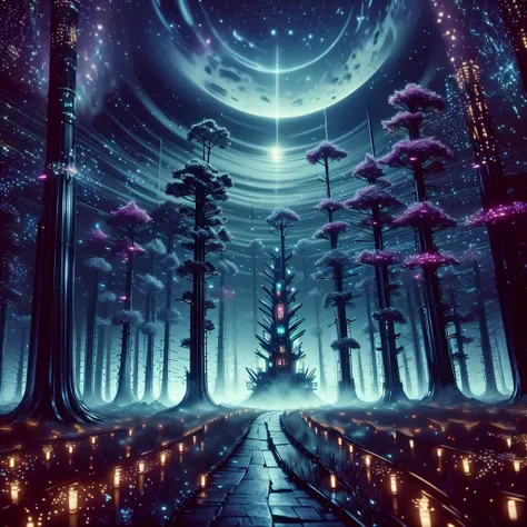 (good oil painting style, dry brush, dark studio, ethereal atmosphere, glowing atmosphere) A lush forest bathed in the silver light of the moon, neon ghosts, neon disco night forest and lake, where ghostly creatures can be glimpsed among the branches. Trees with leaves that shine with iridescent colors, flowers that open only at night and emanate an intoxicating aroma, night, vines that move with a life of their own. (luminescent circular ruins, hi-res, pastel colors) <lora:DiscoTech:1>