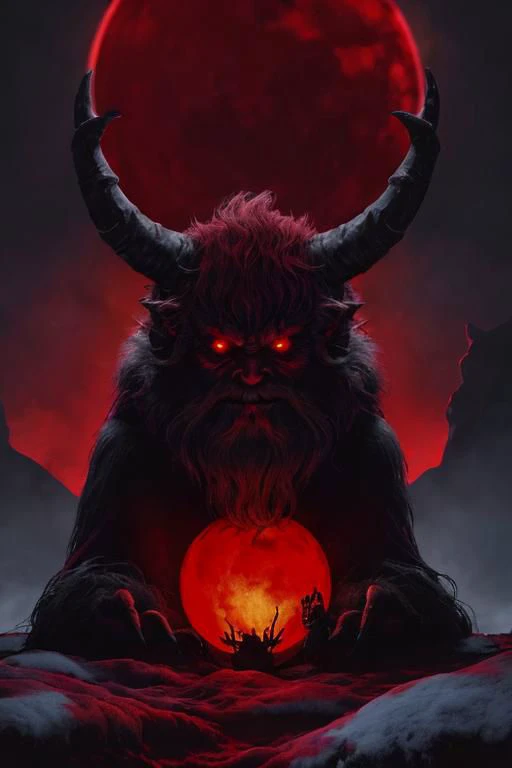 krampus, ChristmasWintery, in a lake of glowing lava, blood moon, dark gothic atmosphere, glowing red eyes, red sky, intricate details, backlit, krampus2023